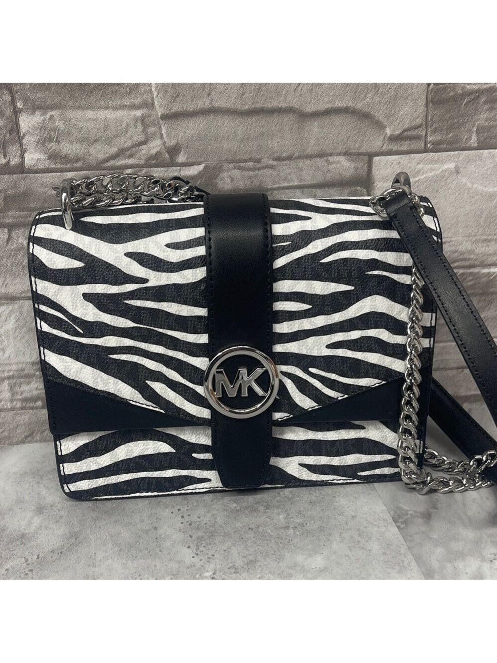 Michael Kors Greenwich Zebra Stripe Crossbody Bag & Matching Wallet Black White - Picture 3 of 11
